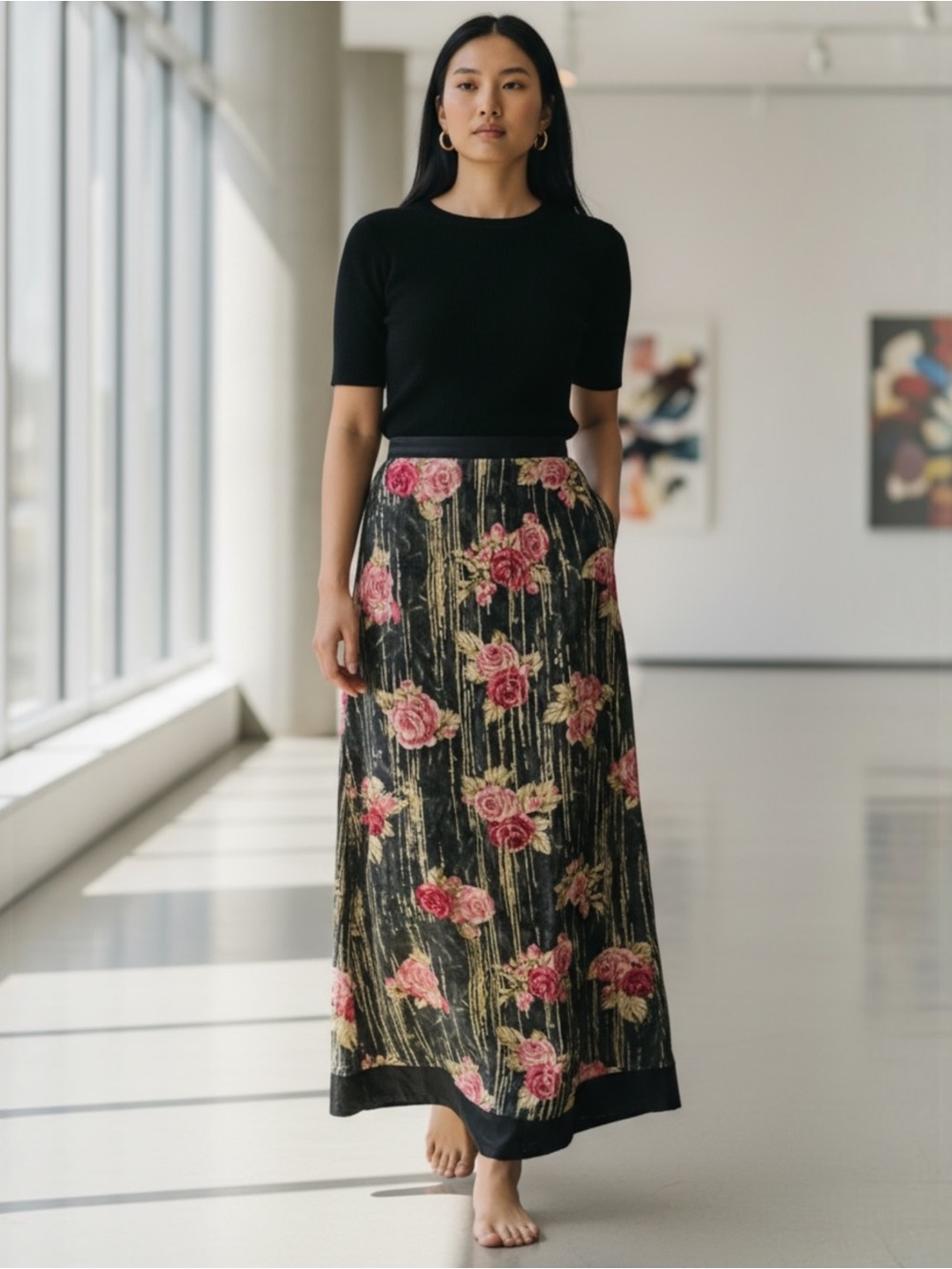 Floral Pink Rose Maxi Skirt - Black Green Background